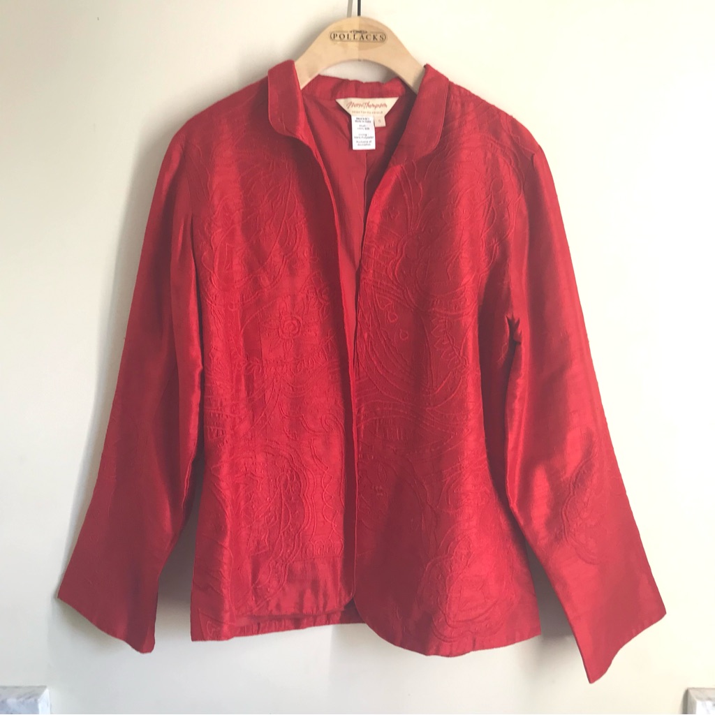 Norm Thompson Vintage Silk Red Embroidered Open Front Blazer Jacket Size S